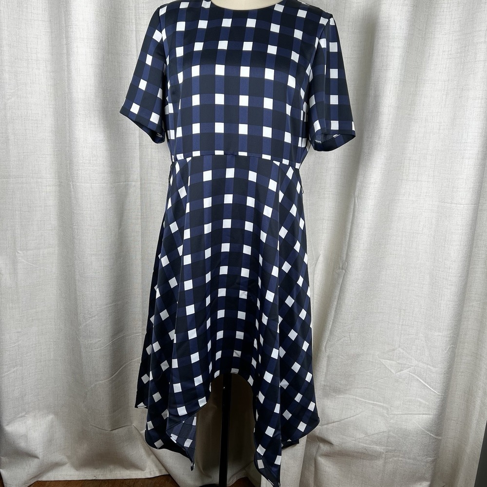 Banana Republic Handkerchief Hem Fit And Flare Dress 16 Lined Blue White Gingham